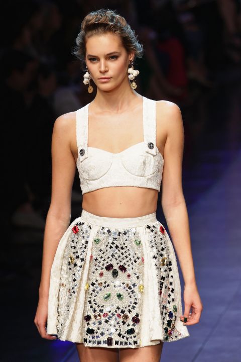 D&G also featured their take on the bejeweled and printed baroque pattern trend, like this skirt.