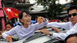 Myanmar opposition leader Aung San Suu Kyi in Yangon after her victory in a by-election.