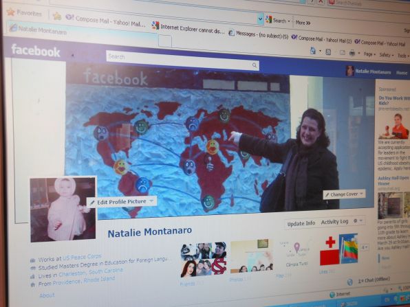 Natalie Montanaro's cover photo is a little meta -- it's her standing in front of an <a href="http://ireport.cnn.com/docs/DOC-767322">illustration of Facebook's homepage</a> she spotted in Skopje, Macedonia. She says she liked the image because it "represented the basic idea of Facebook's creators, which was to exchange information across the miles." Montanaro isn't a big fan of Timeline, though; she says it makes it harder for her to see day-to-day updates. "Can you go back in time 54 years and recapture all that has happened in my life? I think not," she says of the new format.