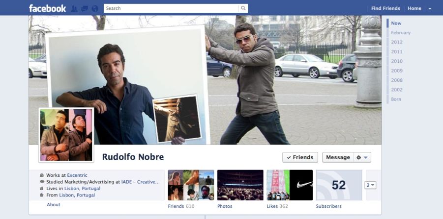 "Disclaimer: <a href="http://ireport.cnn.com/docs/DOC-765134">I'm a fan of Facebook Timeline</a>," writes Rudolfo Nobre of Lisbon, Portugal. He works in digital marketing and social media, so he says he was "eager to start playing with the cover pic as soon as it came out." He describes his image as sort of like the film "Inception" -- a picture of himself holding up a picture of himself holding up another picture of himself. Nobre says he appreciated Facebook's previous visual simplicity but likes Timeline as well: "With the cover pic, you now have a canvas that you can use to tell everyone, upfront, a bit of who you are, what you're using Facebook for, or how you're feeling."