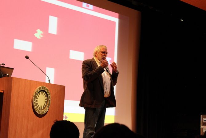 Nolan Bushnell, the founder of Atari and inventor of Pong, speaks to the opening weekend crowd. Bushnell talked about the inspiration for the game and the future of the video game experience.
