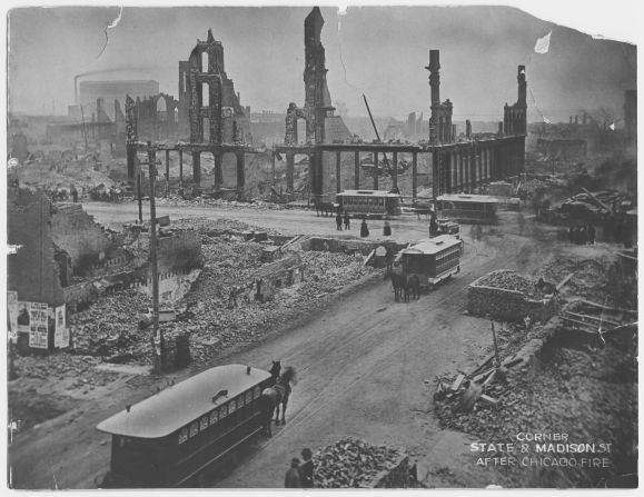 This is a view of the corner of State and Madison streets after the Great Chicago Fire in 1871.  