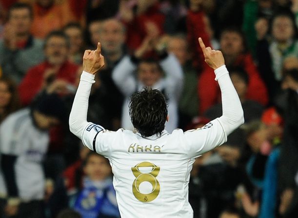 Real Madrid star Kaka celebrates in trademark style after scoring in the Santiago Bernabeu stadium 