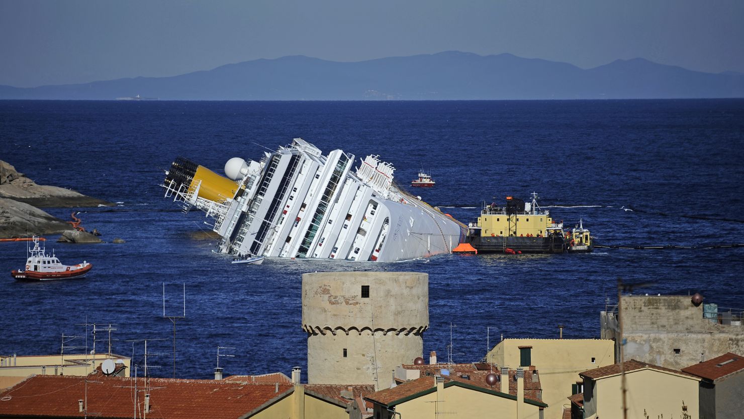 The cruise liner Costa Concordia, seen on January 25, hit rocks and sank off the coast of Italy's Giglio Island. 