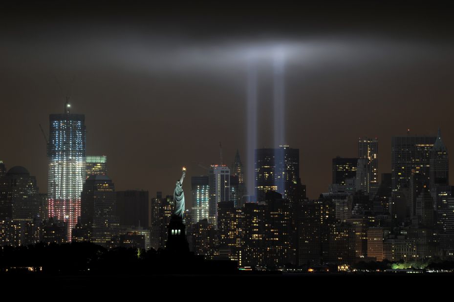 Stephen Cox believes 9/11 is the only catastrophe with enough stories of courage, resilience, and tragedy to live on in memory like that of the Titanic.  Here, the "Tribute in Light" memorial illuminates the sky with ghosts of the World Trade Center's twin towers on the 10th anniversary of the terror attacks.