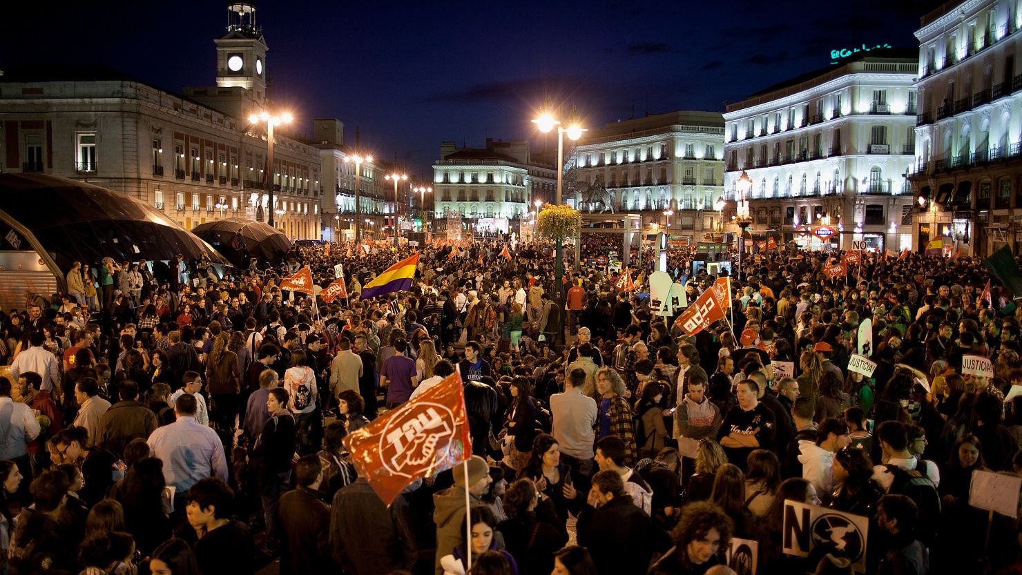 Demonstrators crowd Cibeles Square during a general strike last week in Madrid, Spain.