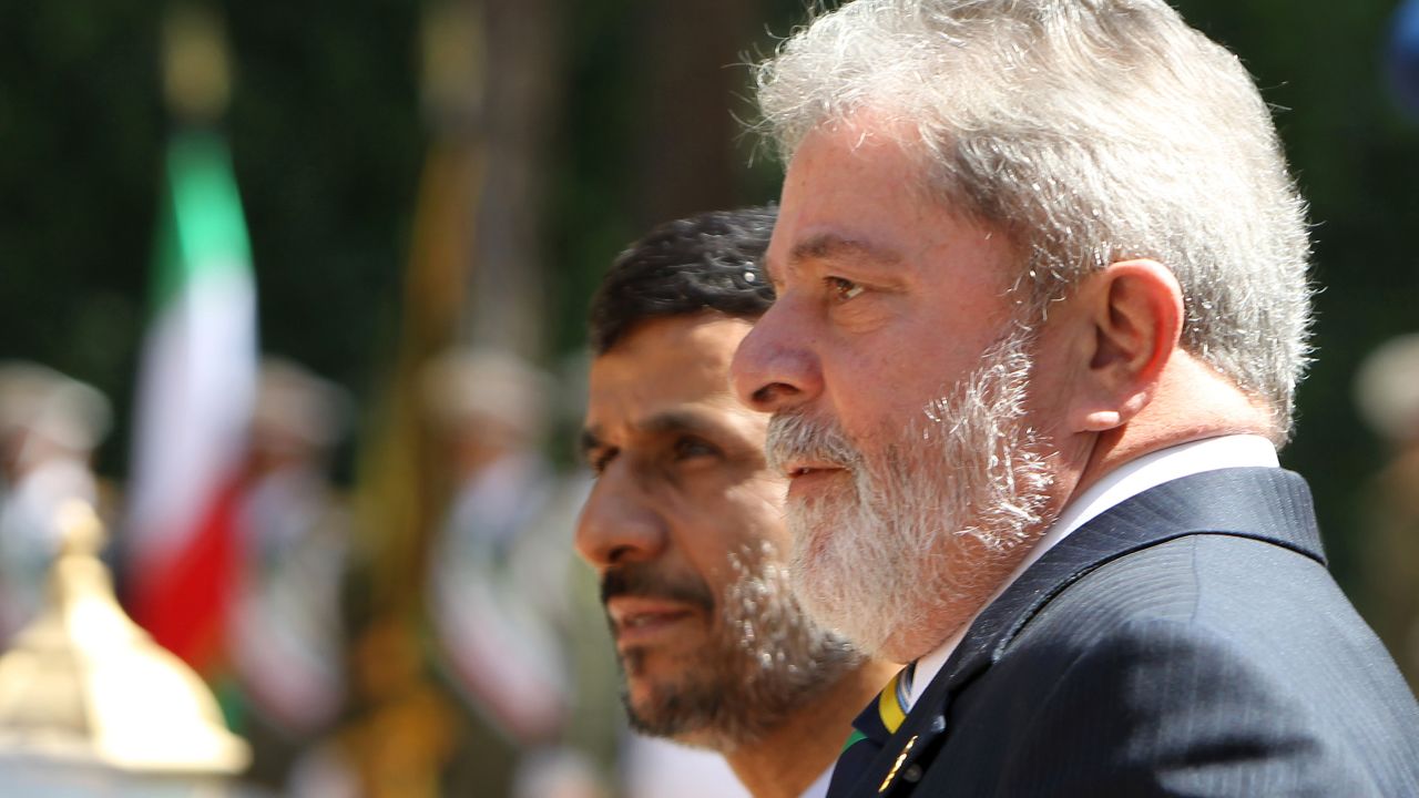 President Mahmoud Ahmadinejad welcomes Brazil's president,  Luiz Inacio Lula da Silva, to Tehran  in May 2010.