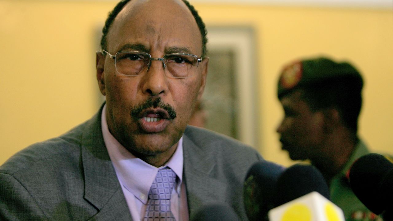 Sudanese Defense Minister Abdelrahim Mohamed Hussein speaks to the press upon his return from Ethiopia on April 4.