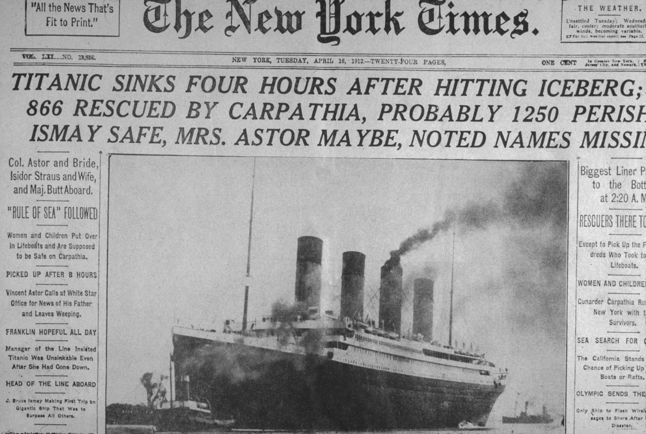 The April 16,1912 front page of The New York Times announces the sinking of the Titanic.