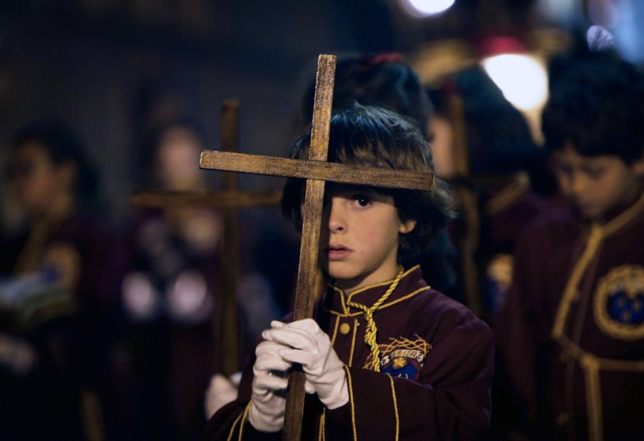 Children take part in a procession of the Padre Jesus Nazareno brotherhood during Holy Week on Tenerife, one of Spain's Canary Islands.