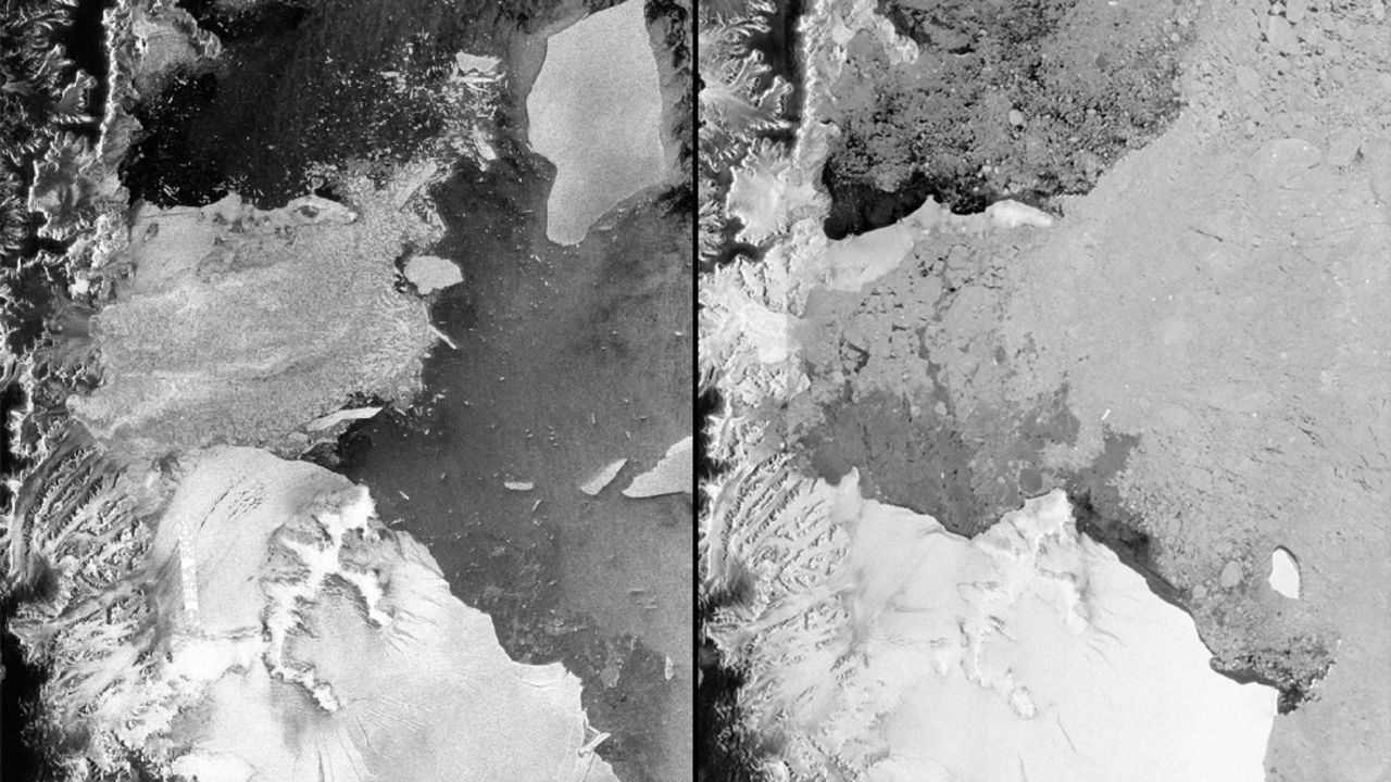 European Space Agency satellite images from 2002, left, and 2012 reveal the disintegration of the Antarctic ice shelf.