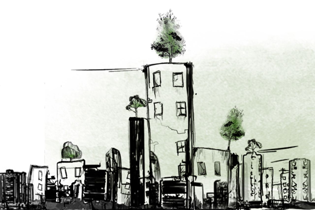 This artist's impression of the "Wonder Forest" shows individual trees planted in pots, sitting on the rooftops in Beirut. Melki says that even with just one tree per rooftop, there would be as many trees as in New York's Central Park. 