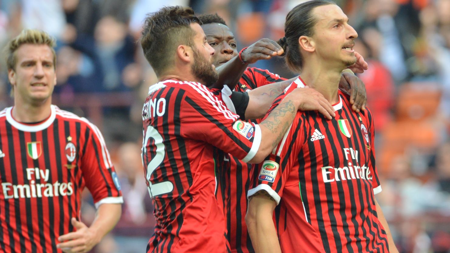 Zlatan Ibrahimovic is congratulated by his AC Milan teammates after scoring the opening goal against Fiorentina on Saturday 
