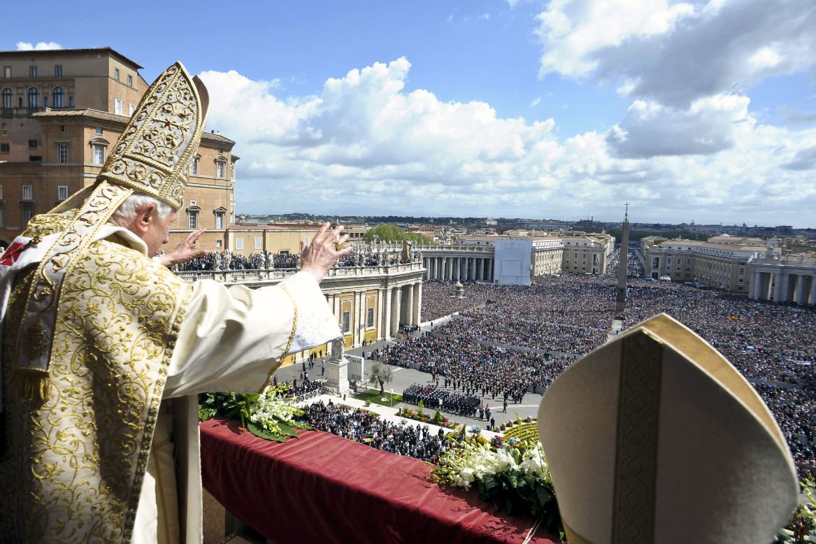 Pope Benedict XVI delivers his "Urbi et Orbi" message and blessing from the central balcony of St. Peter's Basilica at the end of the Easter Mass on Sunday in Vatican City. 