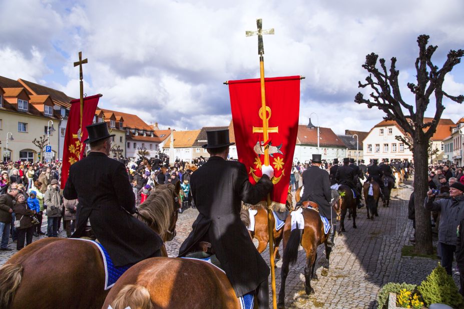 Easter riders parade on horseback on Sunday in Wittichenau, Germany. 
