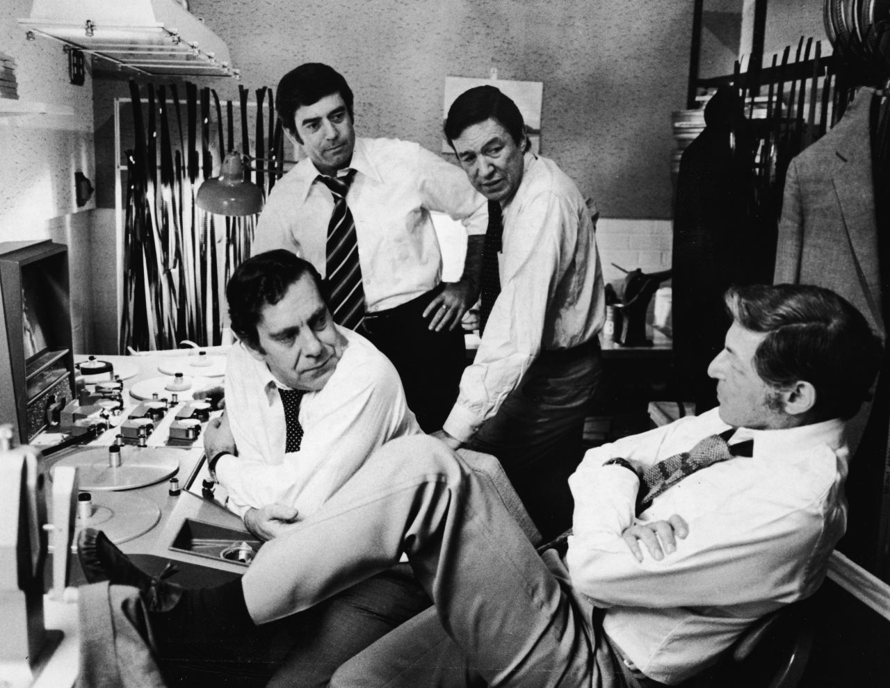 "60 minutes" correspondents Morley Safer, from left, Dan Rather and Mike Wallace, and executive producer Don Hewitt, right, discuss upcoming segments during the 1970s. 