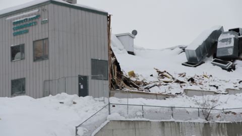 Snow caused the roof to collapse in the auditorium at the Abbott Loop Community Church in Anchorage, Alaska. 