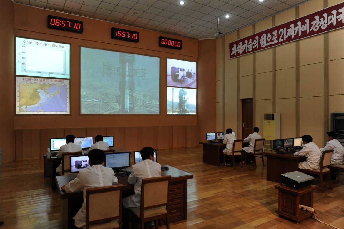 North Korean technicians work at the control room of the Tongchang-ri space center on April 8. The North Korean regime insists it's launching a satellite, not testing a missile. 