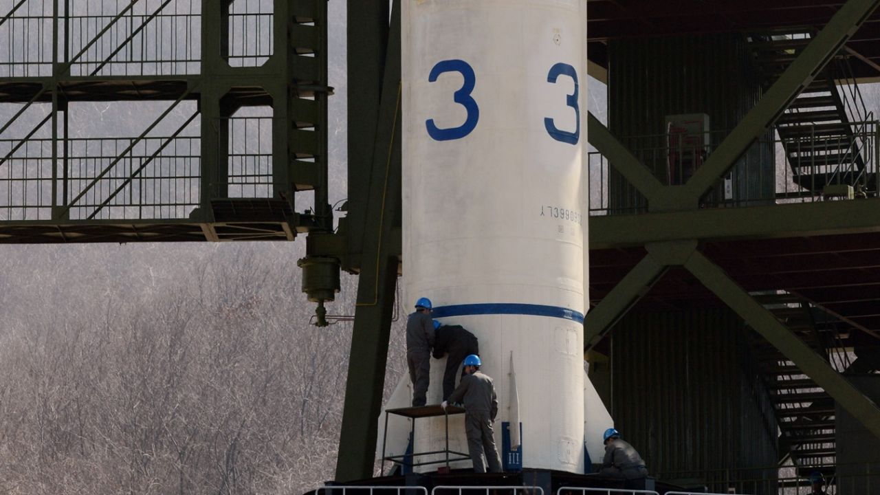North Korean technicians check the Unha-3 rocket at Tangachai -ri space center on April 8.