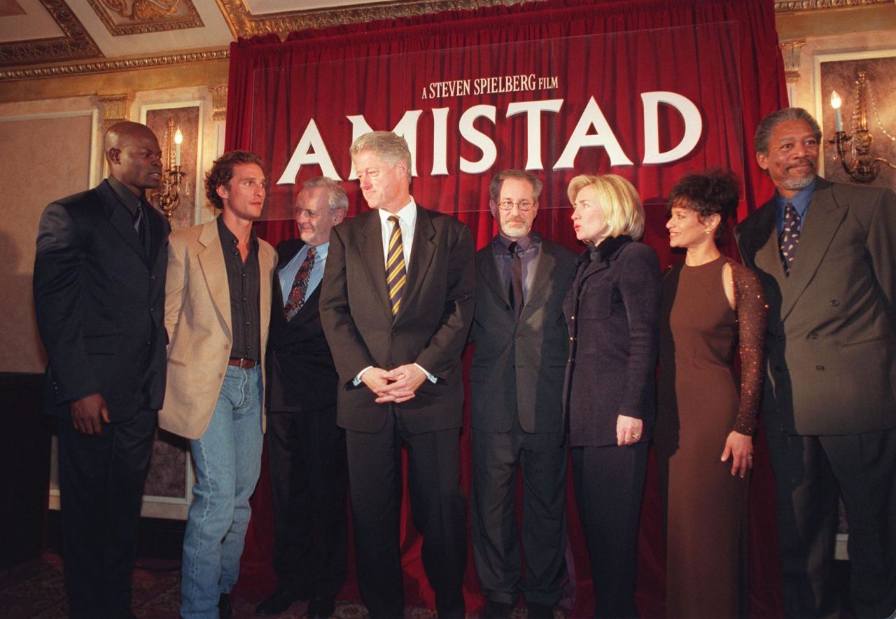 Then U.S. President Bill Clinton and First Lady Hillary Clinton attend the Washington premiere of "Amistad" on 4 December 1997.