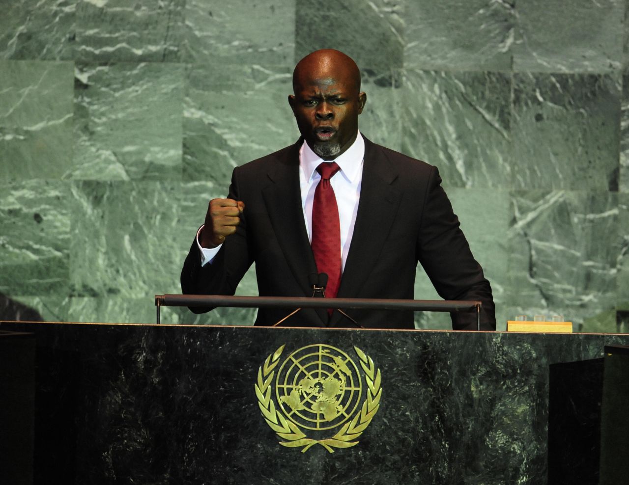 Hounsou, who is a well-known activist, addresses the United Nations' Summit on Climate Change in New York on September 22, 2009.