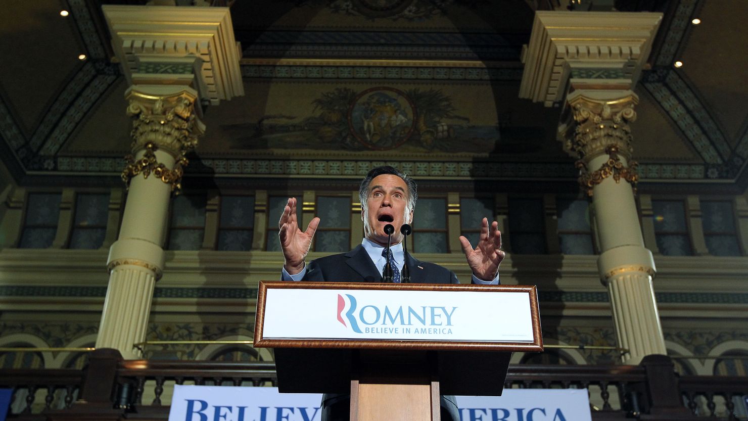 former Massachusetts Gov. Mitt Romney speaks to supporters during his primary night gathering at The Grain Exchange on April 3 in Milwaukee, Wisconsin.