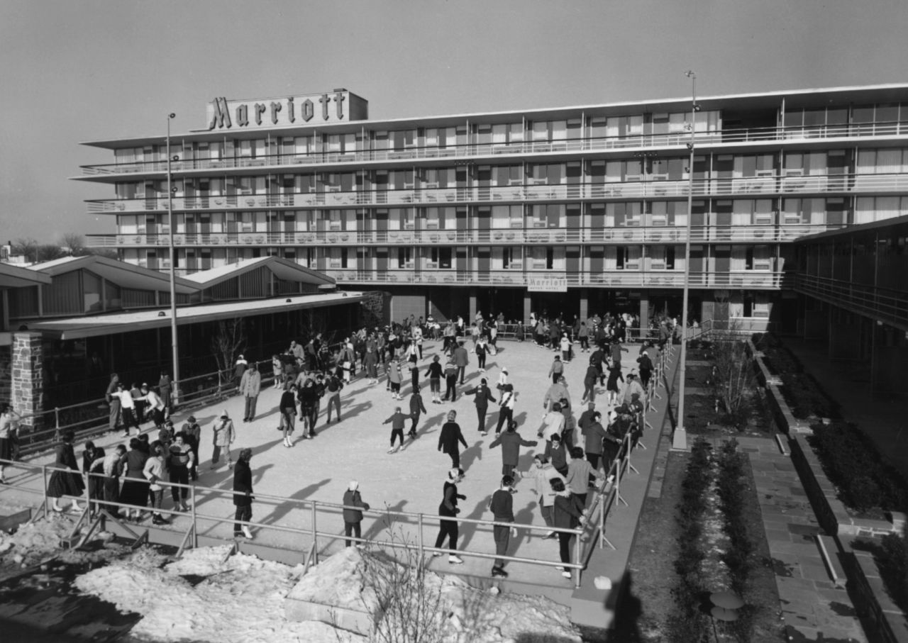The Twin Bridges, in Arlington, Virginia, was the first Marriott hotel. The 365-room motel was opened in 1957. During the winter months the swimming pool and patio were converted to an outdoor ice skating rink.