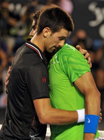 Rivals Novak Djokovic and Rafael Nadal embrace during the final of the Australian Open in Melbourne on January 30 this year. The match was the longest in grand slam history at five hours and 53 minutes. Djokovic won 5-7 6-4 6-2 6-7 7-5.