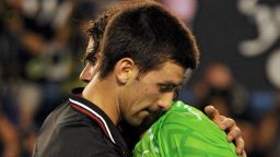 Rivals Novak Djokovic and Rafael Nadal embrace during the final of the Australian Open in Melbourne on January 30 this year. The match was the longest in grand slam history at five hours and 53 minutes. Djokovic won 5-7 6-4 6-2 6-7 7-5.