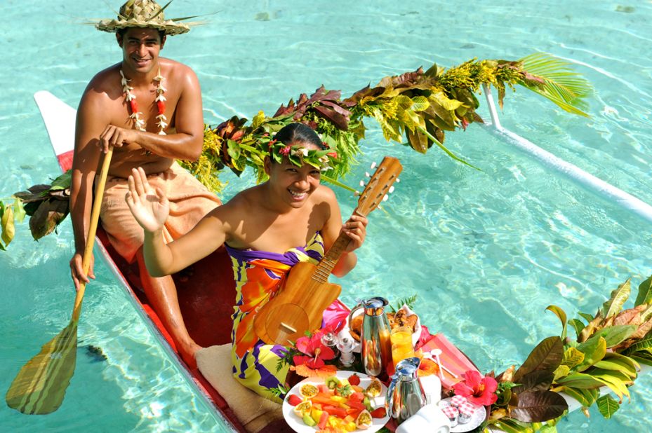 Guests staying at Le Taha'a island resort and spa in Taha'a, French Polynesia can have their breakfast delivered to their private deck by a strumming ukulele player.