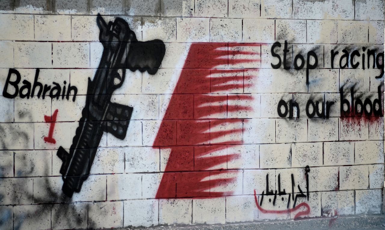 Protests against the Bahrain GP have intensified in recent weeks. This graffiti was posted on a wall in the village of Barbar, west of the capital Manama, in April.