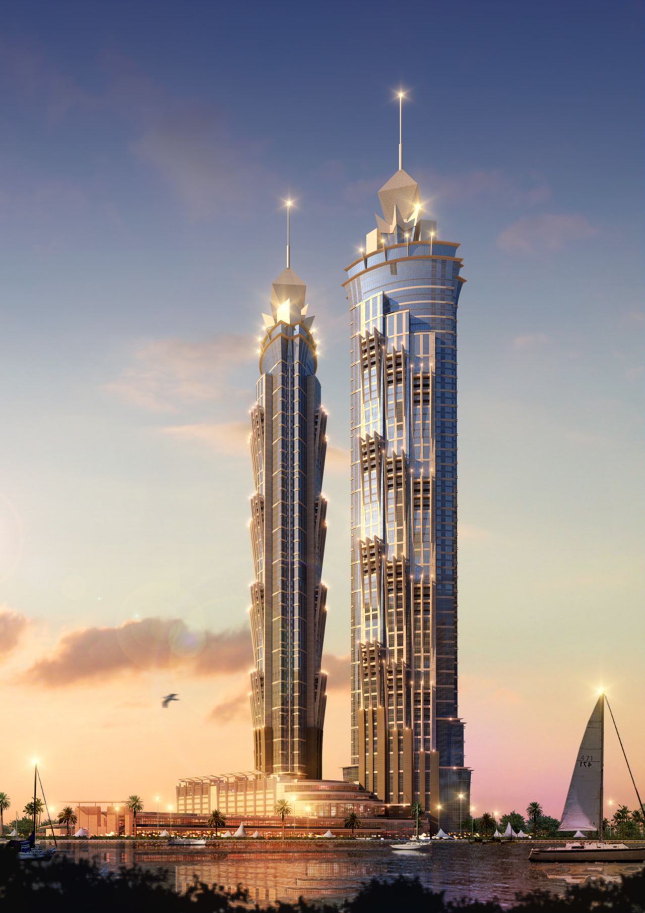 An illustration of the JW Marriott Marquis Dubai, due to open in 2012. <br /><br />When completed, it will have 1,608-rooms and will be 355 meters tall, making it the tallest dedicated hotel building in the world. 