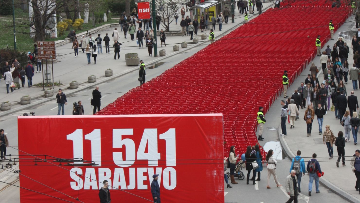 A swathe of red snakes through Sarajevo. Each of the 11,541 chairs symbolizes a person killed during the Siege of Sarajevo.