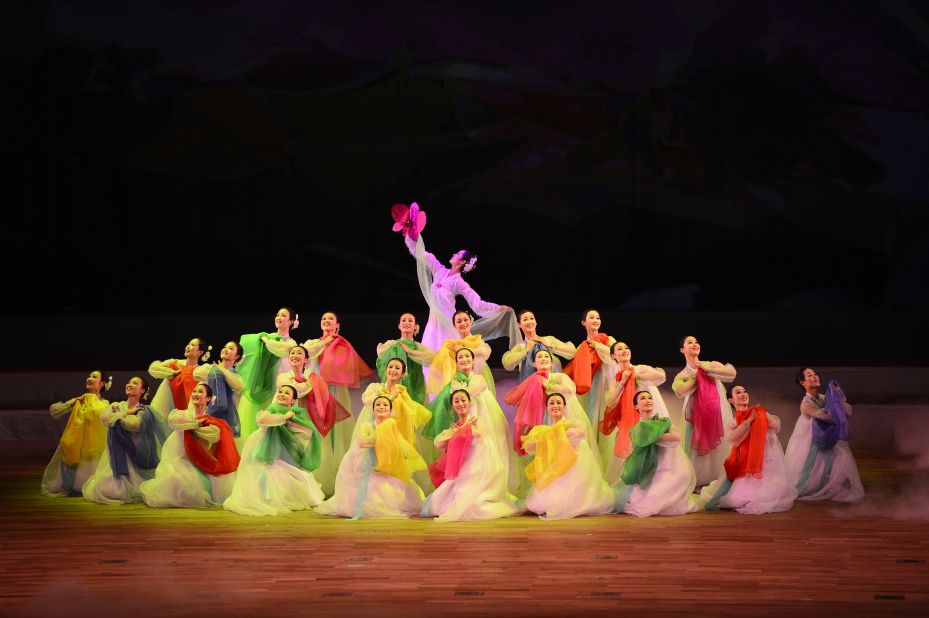 A dance troupe performs during the opening ceremony of the Spring Arts Festival in Pyongyang.