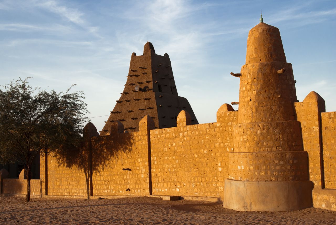 The famous mosque at Sankore, part of Timbuktu's medieval university. The mosque's sanctuary was proportioned to match the Kaaba at Mecca, which had been measured with a rope during a pilgrimage.