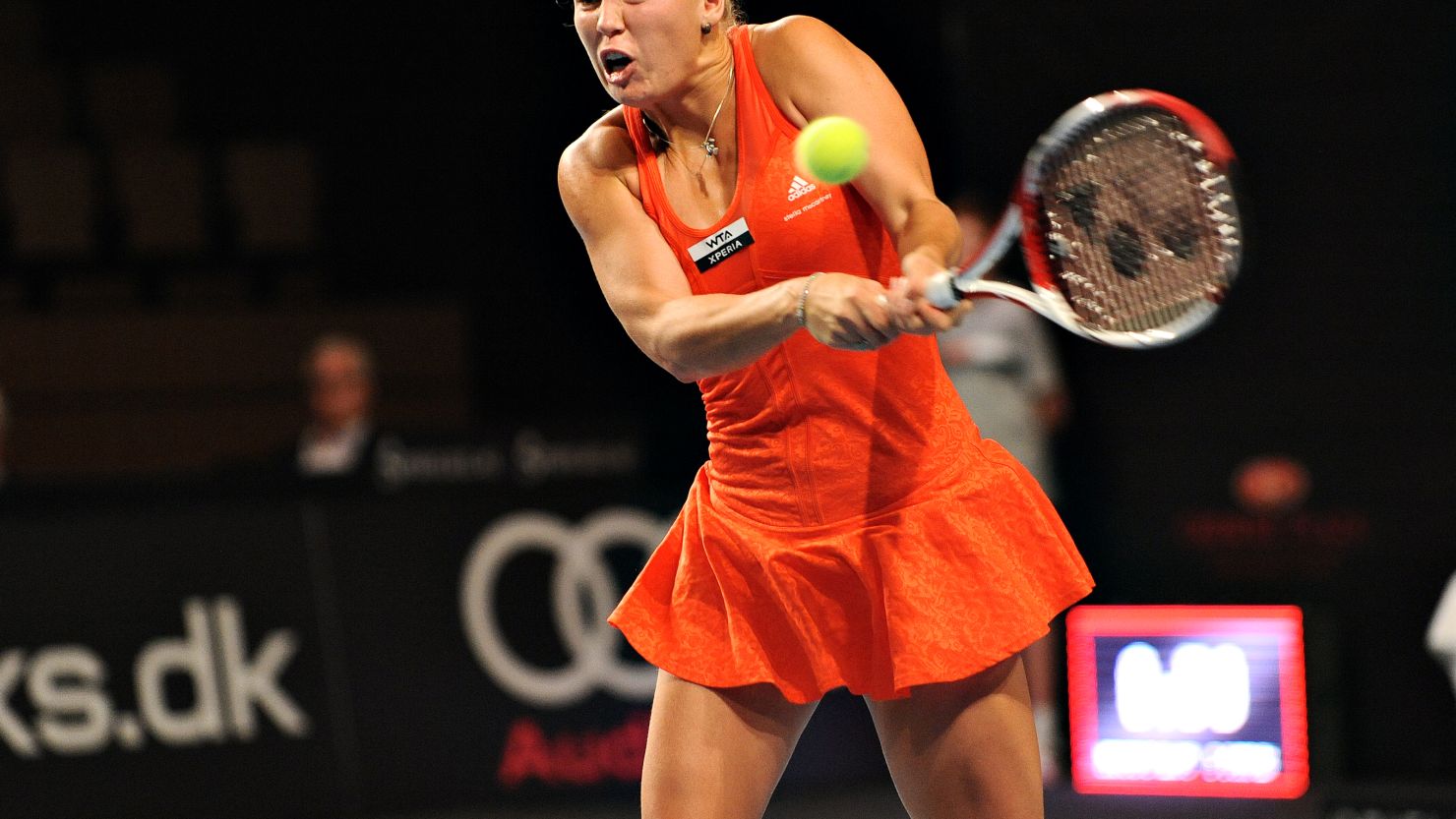 Caroline Wozniacki plays a powerful ground stroke during her straight sets win in Copenhagen.