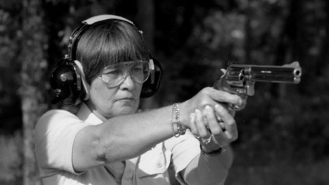 Marion Hammer takes aim at a firing range in 1995. She was the first female president of the National Rifle Association.