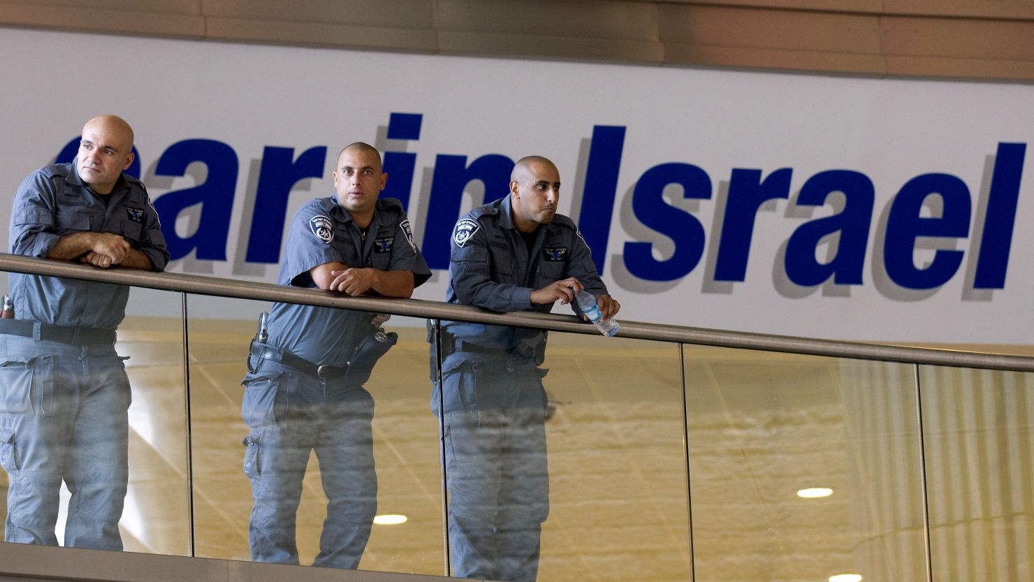 (file photo) Israeli police and border guard officers at Ben Gurion airport on July 7, 2011, before the arrival of pro-Palestinian activists.