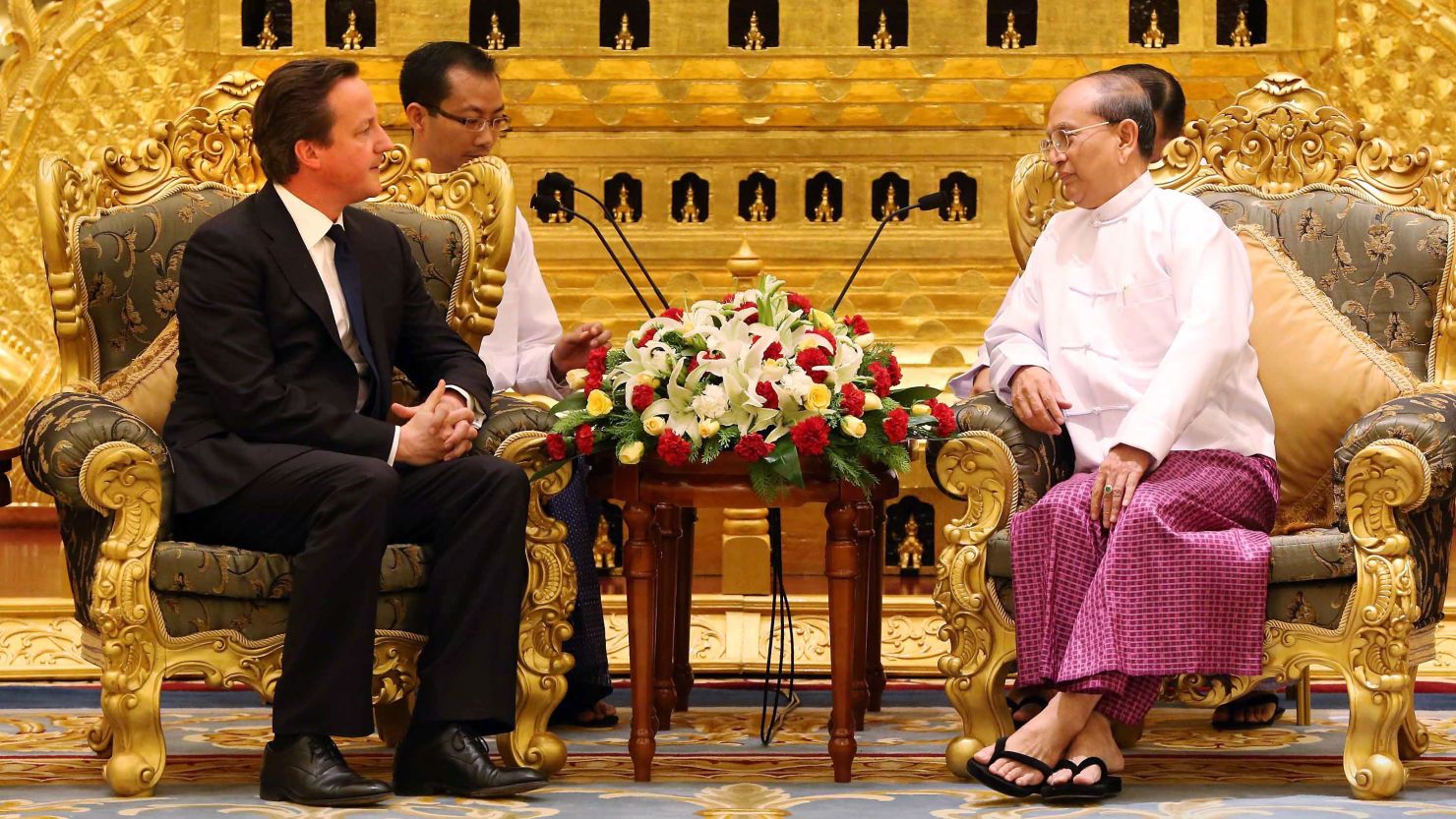 British Prime Minister David Cameron meets with Thein Sein, the president of Myanmar, on Friday.