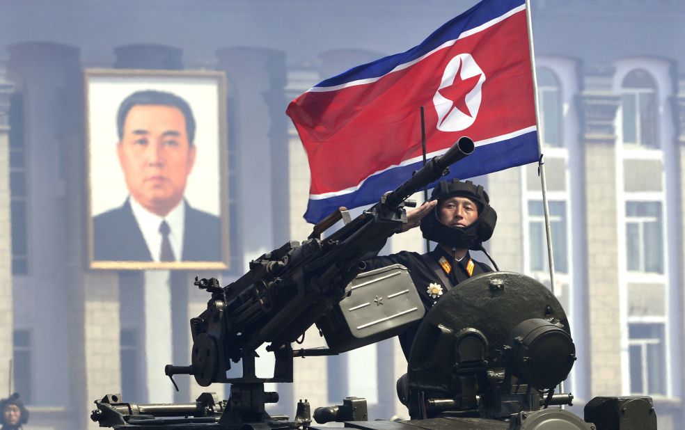 A North Korean soldier salutes during the parade in Pyongyang on  Sunday.