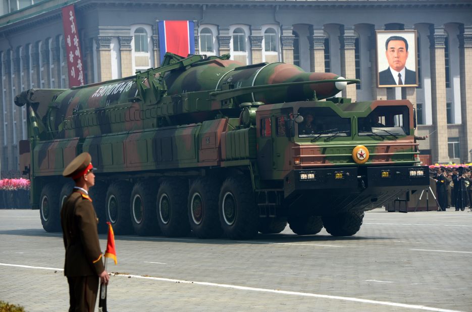 A North Korean missile Taepodong class rolls through the parade. The Friday launch of a long-range rocket was part of the the celebration of Kim Il Song's birthday. The launch was deplored by the United States and many others in the international community, even when it broke apart soon after launch.