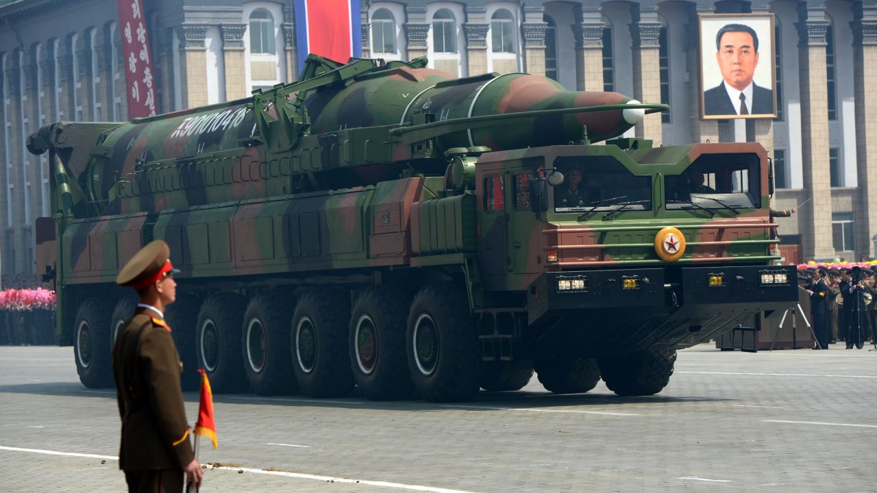 A North Korean missile Taepodong class is displayed during a military parade in Pyongyang on April 15, 2012. 