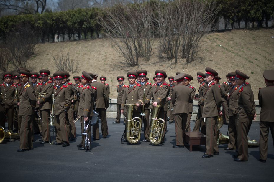 Members of a North Korean military band gather following an official ceremony at the Kim Il-Sung stadium in Pyongyang on Saturday, April 14. 
