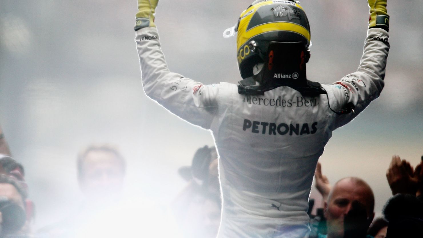 Nico Rosberg celebrates his superb victory for Mercedes in the Chinese Grand Prix.