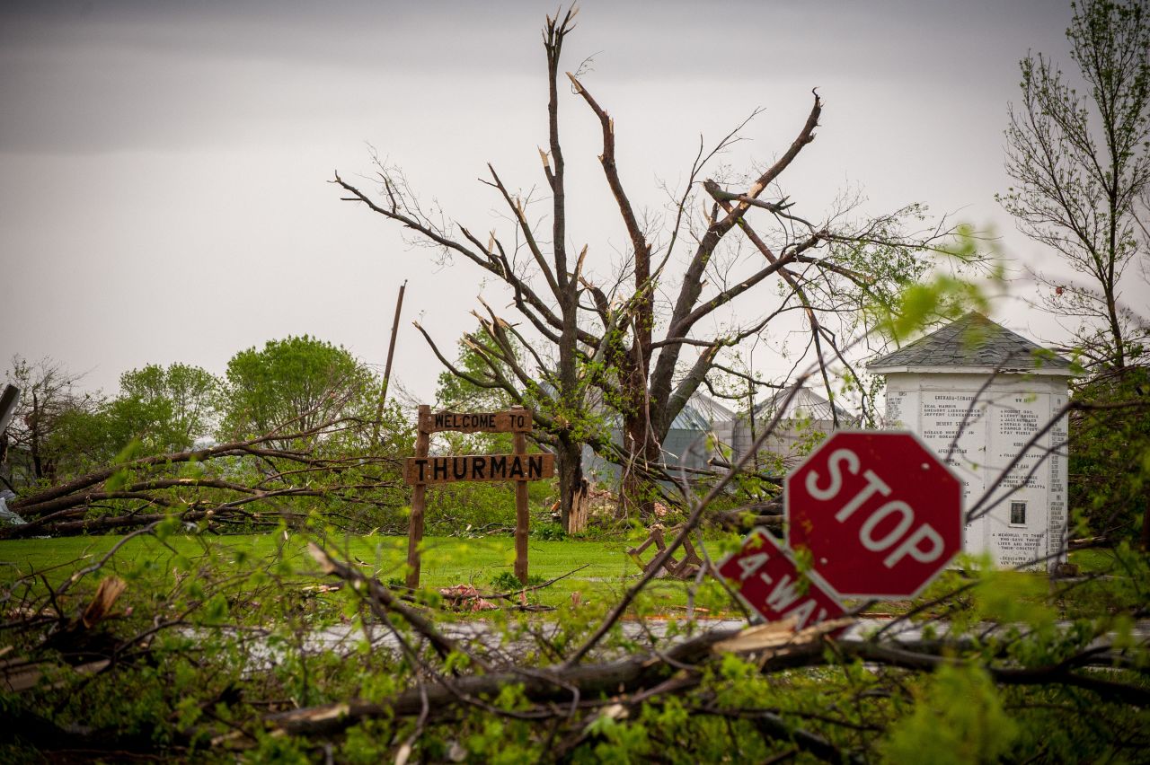 The streets are littered with  trees and debris  after the aparent tornado struck Thurman. Officials evacuated the entire population  of the town -- roughly 300 people. The storm destroyed three out of every four homes in Thurman.