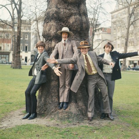 The Bee Gees pose in London in 1967. From left to right, Barry Gibb, Robin Gibb, drummer Colin Peterson and Maurice Gibb.