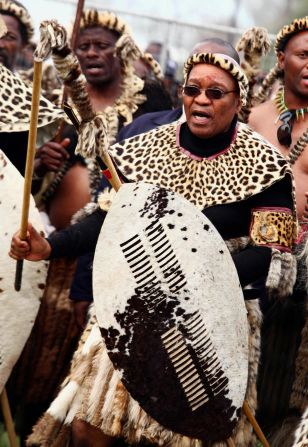 South African President Jacob Zuma joins Zulu King Goodwill Zwelithini ka Bhekuzulu (not in picture) together with thousands of people to honor the birth of Zulu warrior and founder of the Zulu nation King Shaka at Kwadukuzu, some 90 kilometers north of Durban.
