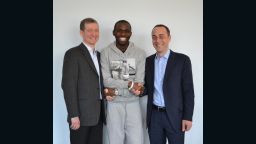 Fabrice Muamba shaking hands with Dr Andrew Deaner (left) and Dr Sam Mohiddin (right) from Barts Health NHS Trust. The 24-year-old Bolton Wanderers midfielder suffered a cardiac arrest during a match against Tottenham Hotspur on March 17.