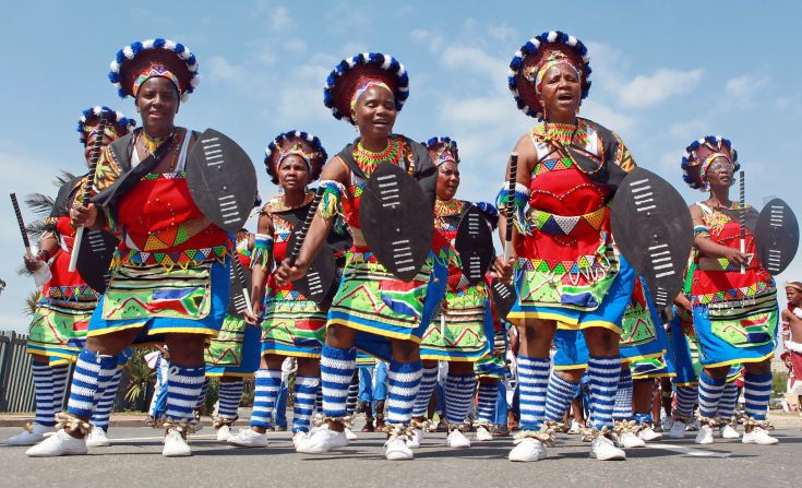 Traditionally clad Zulu dancers and singers march to celebrate South African Heritage Day, celebrated every year on September 24.