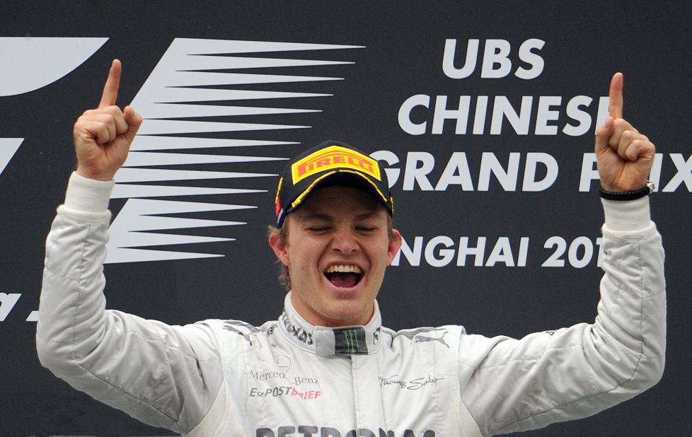 Nico Rosberg celebrates his first victory for Mercedes in the Chinese Grand Prix. He is the third son of an F1 driver to win a race, following in the footsteps of father Keke.